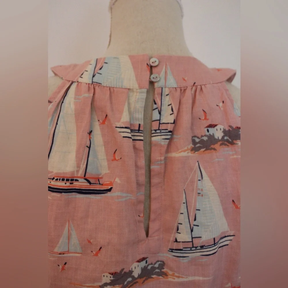 St. Tropez 100% Linen Pink White Sailboat Print Sleeveless Dress XS - Picture 7 of 14